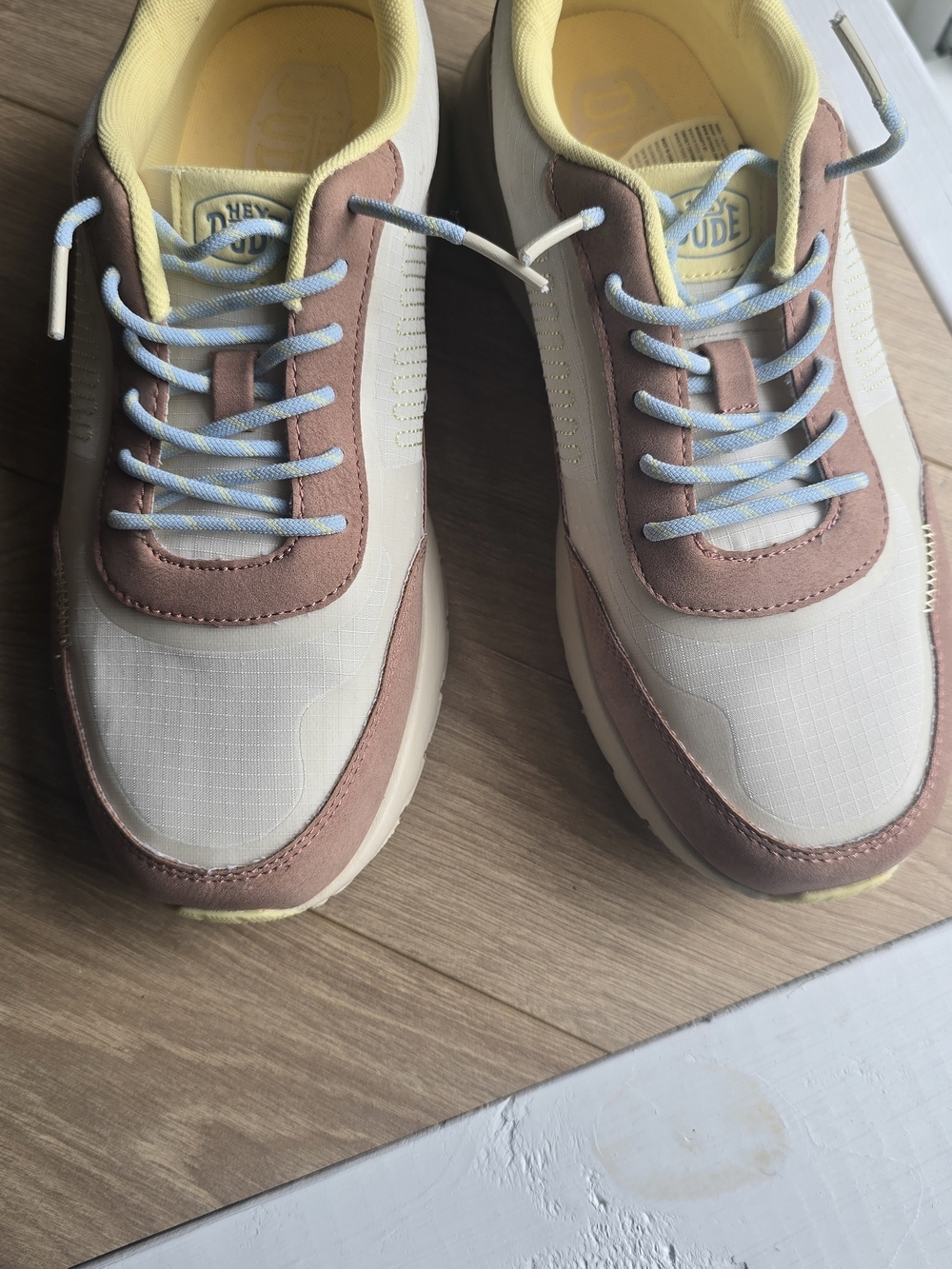 Hey Dude Women's Beige & Brown Sneakers with Yellow Lining and Light Blue Laces